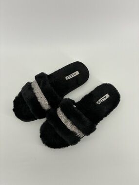 ALDO Black Faux Fur Slide Slippers with Embellished Band